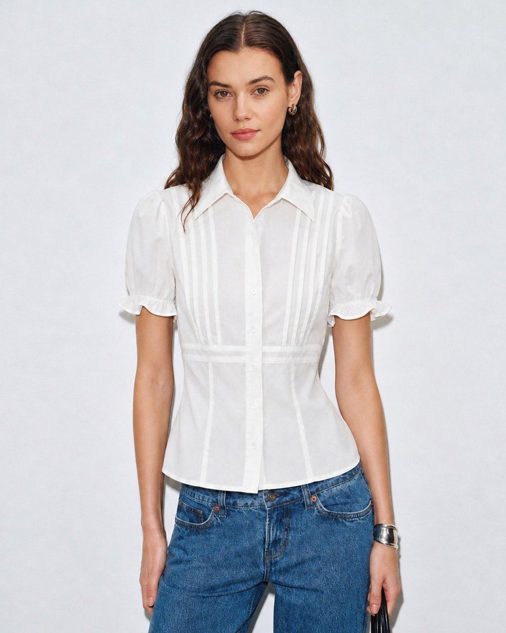 Blusa Blanca Manga Abullonada Cuello