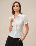 Blusa Blanca Manga Abullonada Cuello