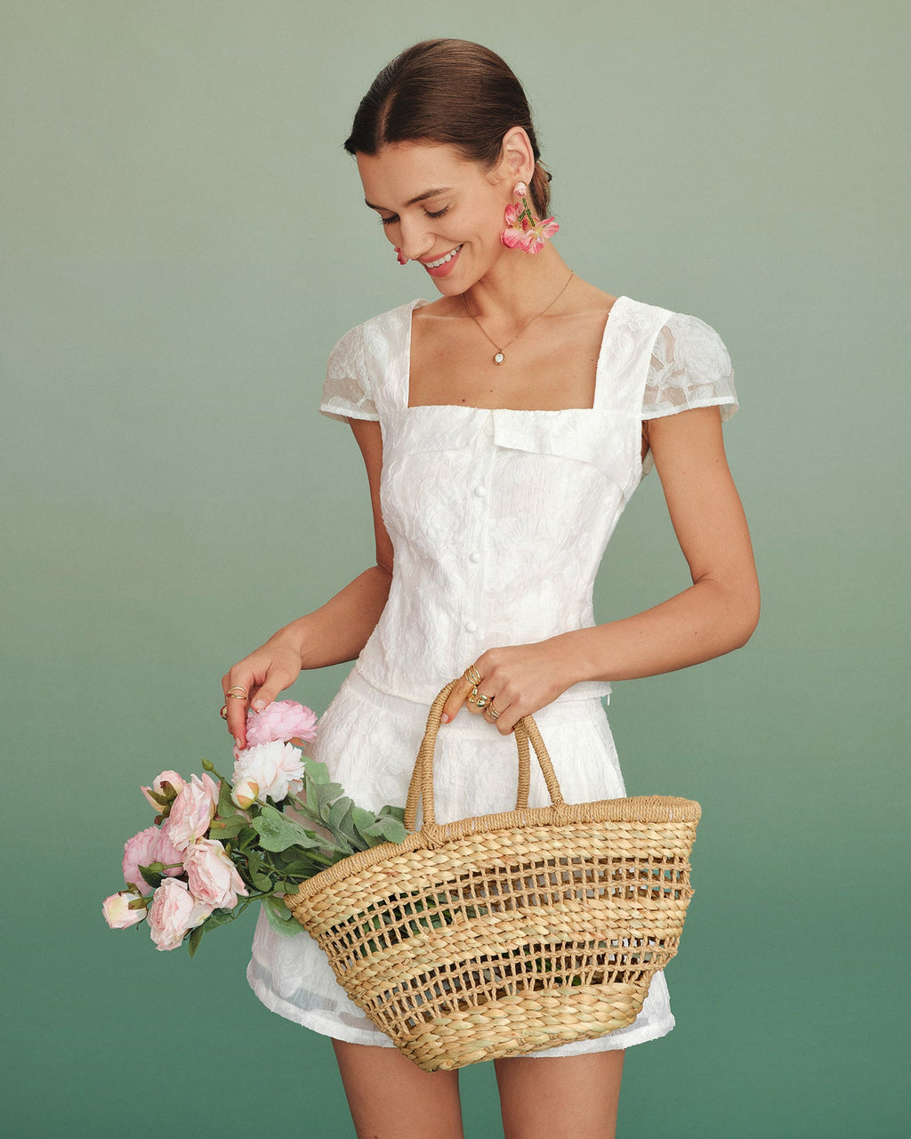 Blusa Blanca Cuello Cuadrado Jacquard