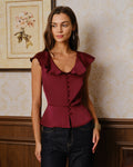 Blusa Rojo Vino Cuello V Volante Botones