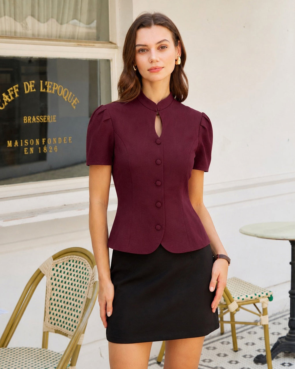 Blusa Rojo Vino Manga Abullonada Botones