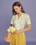 Blusa Amarilla Cuello Manga Abullonada Floral