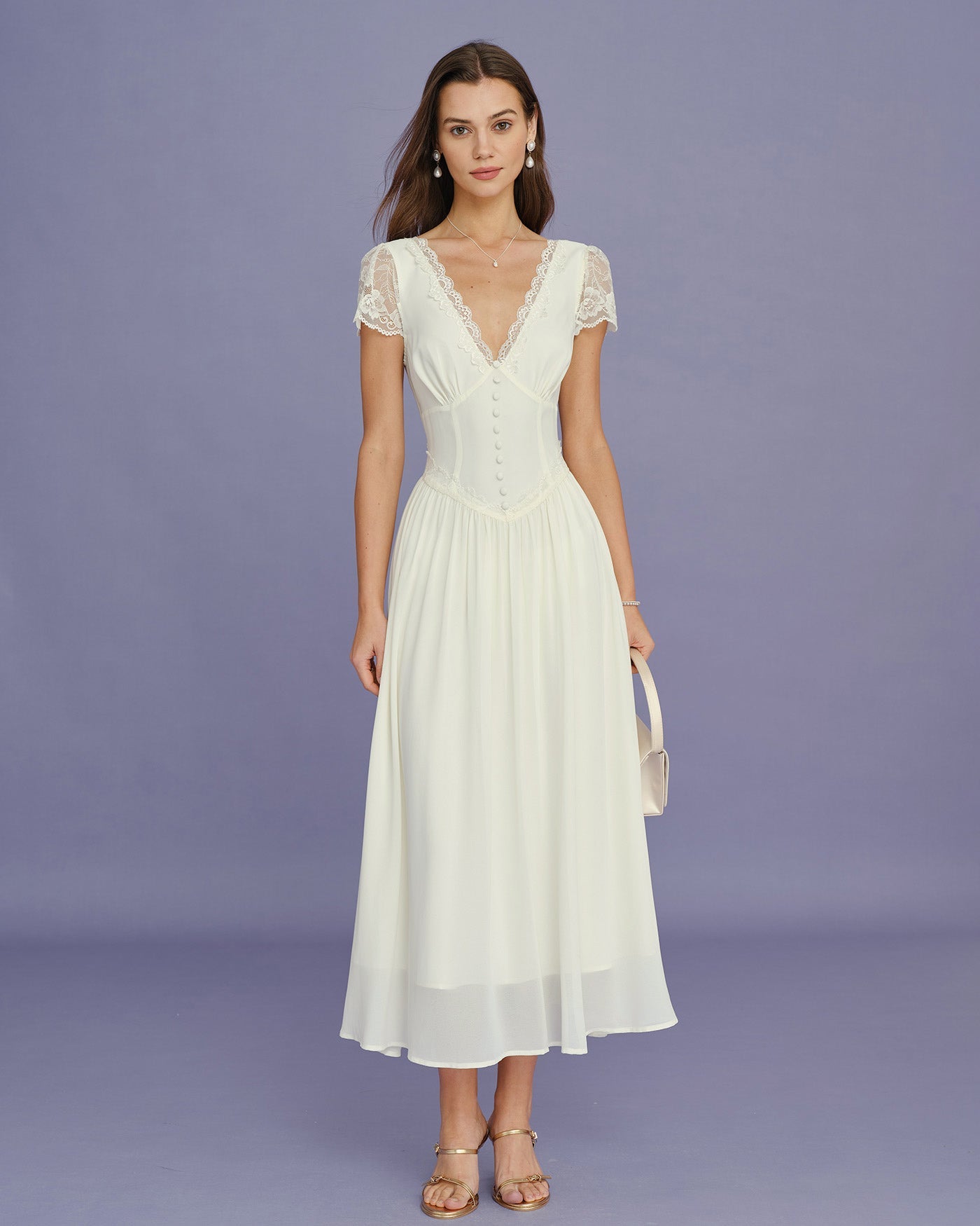 Vestido Maxi Albaricoque Cuello V Encaje Empalme