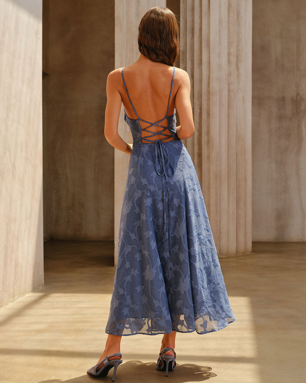 Vestido Maxi Azul Jacquard Fruncido Lencero