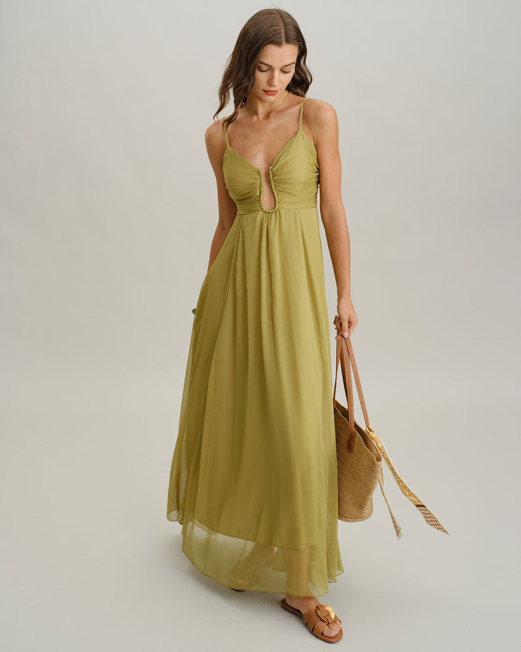 Vestido Maxi Verde Fruncido Lencero