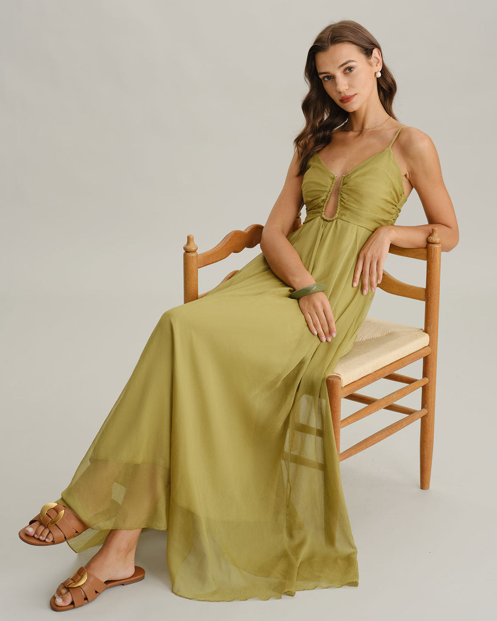 Vestido Maxi Verde Fruncido Lencero