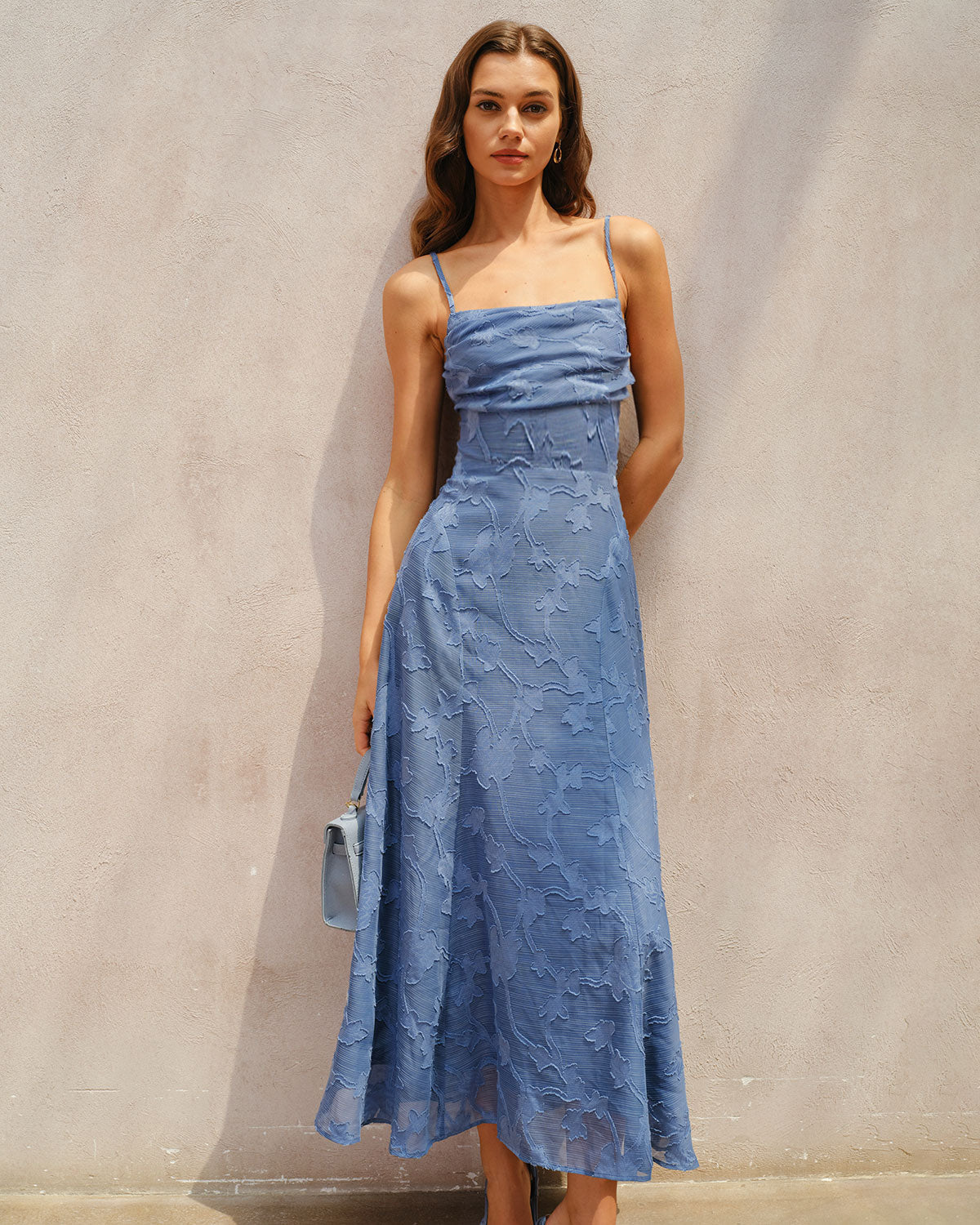 Vestido Maxi Azul Jacquard Fruncido Lencero