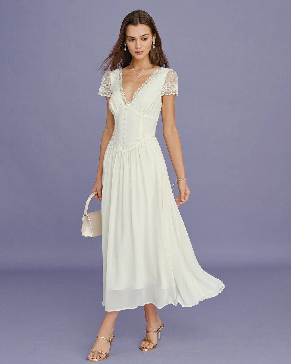 Vestido Maxi Albaricoque Cuello V Encaje Empalme