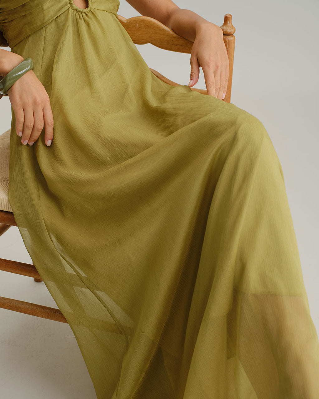 Vestido Maxi Verde Fruncido Lencero
