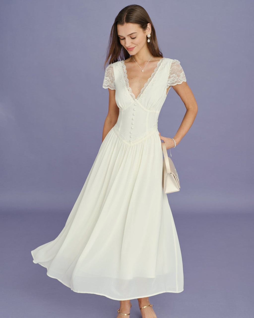 Vestido Maxi Albaricoque Cuello V Encaje Empalme