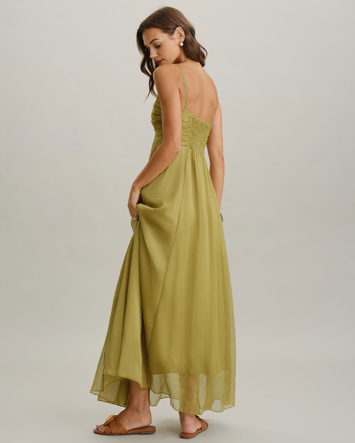 Vestido Maxi Verde Fruncido Lencero