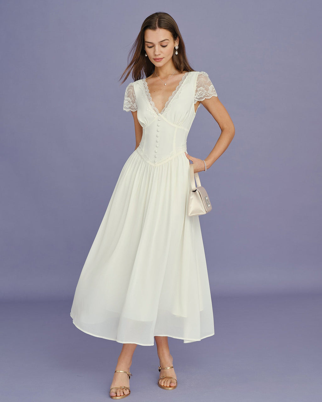 Vestido Maxi Albaricoque Cuello V Encaje Empalme