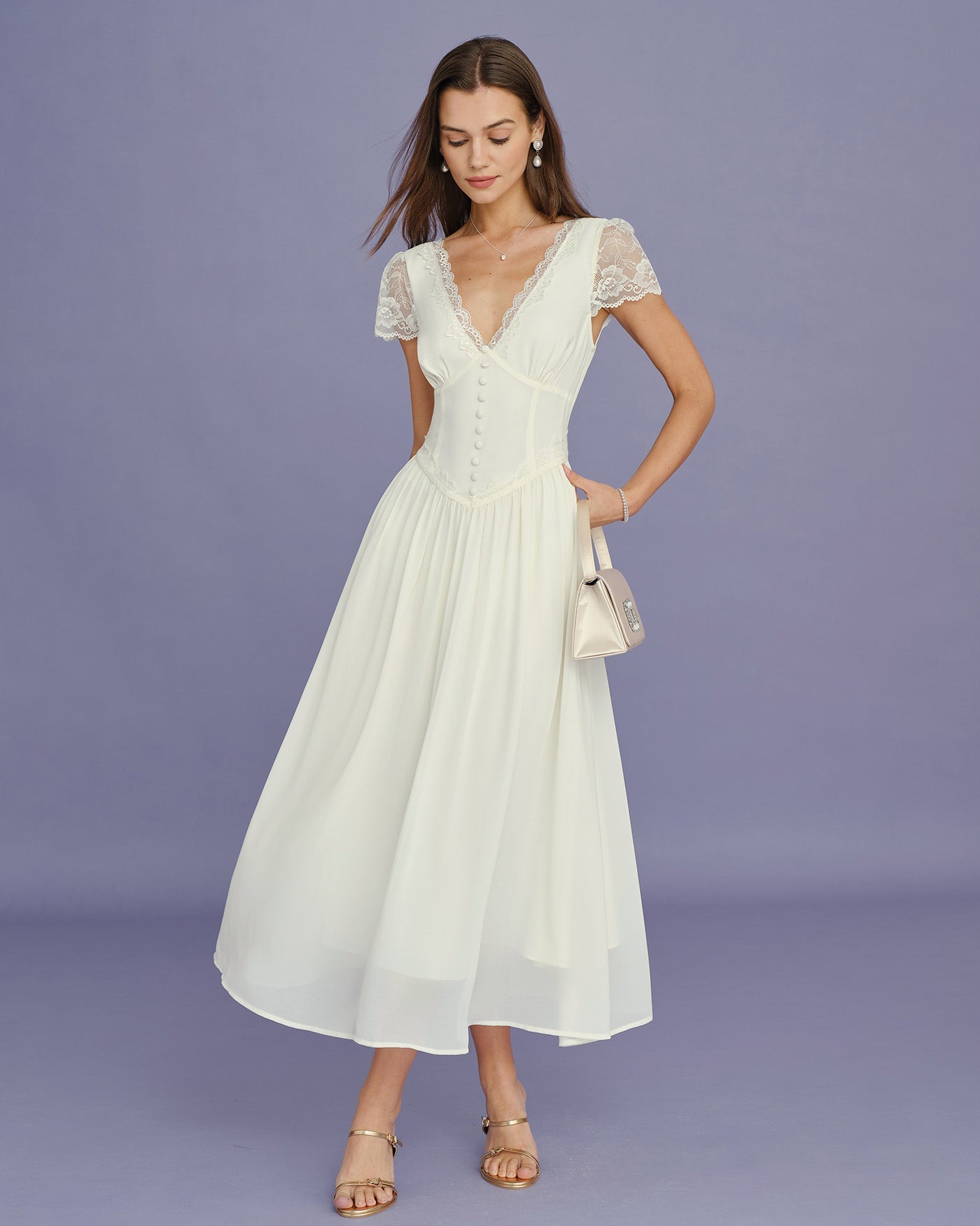 Vestido Maxi Albaricoque Cuello V Encaje Empalme
