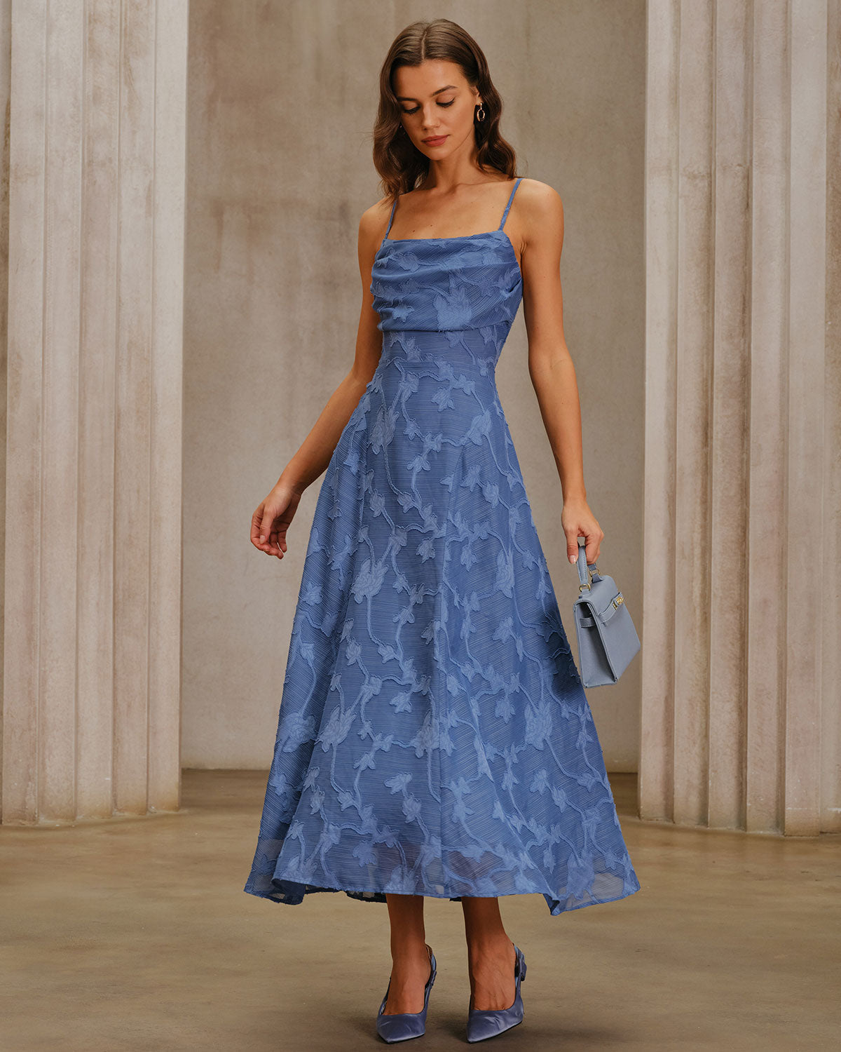 Vestido Maxi Azul Jacquard Fruncido Lencero