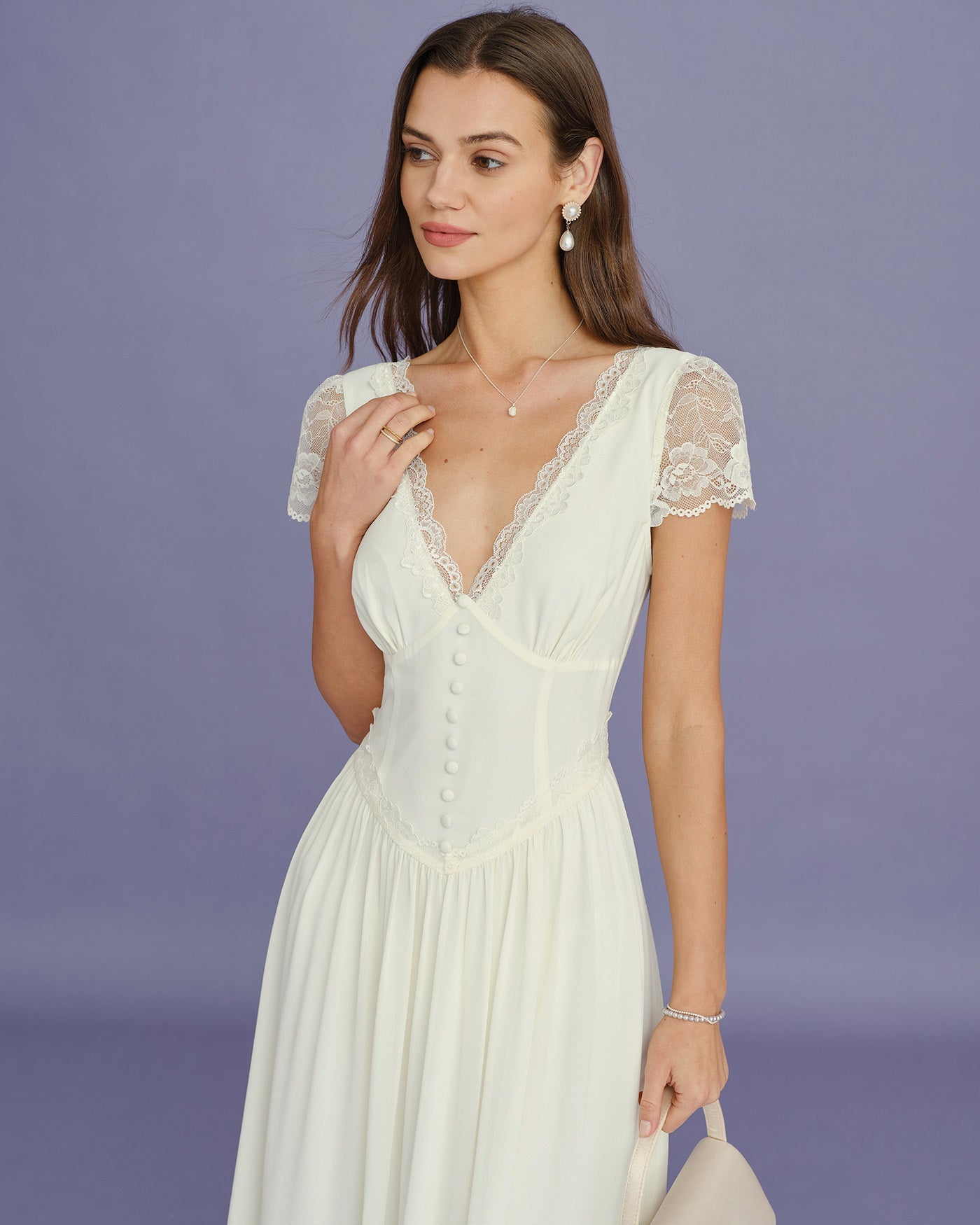 Vestido Maxi Albaricoque Cuello V Encaje Empalme