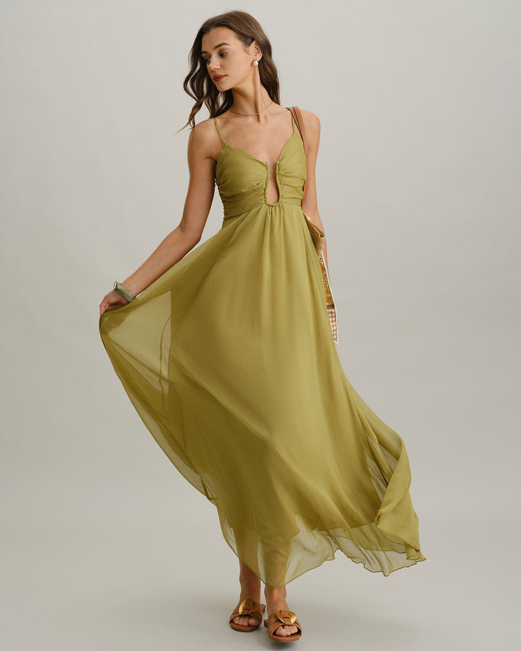 Vestido Maxi Verde Fruncido Lencero