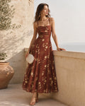 Vestido Maxi Rojo Cuello Cuadrado Cruce en X Floral