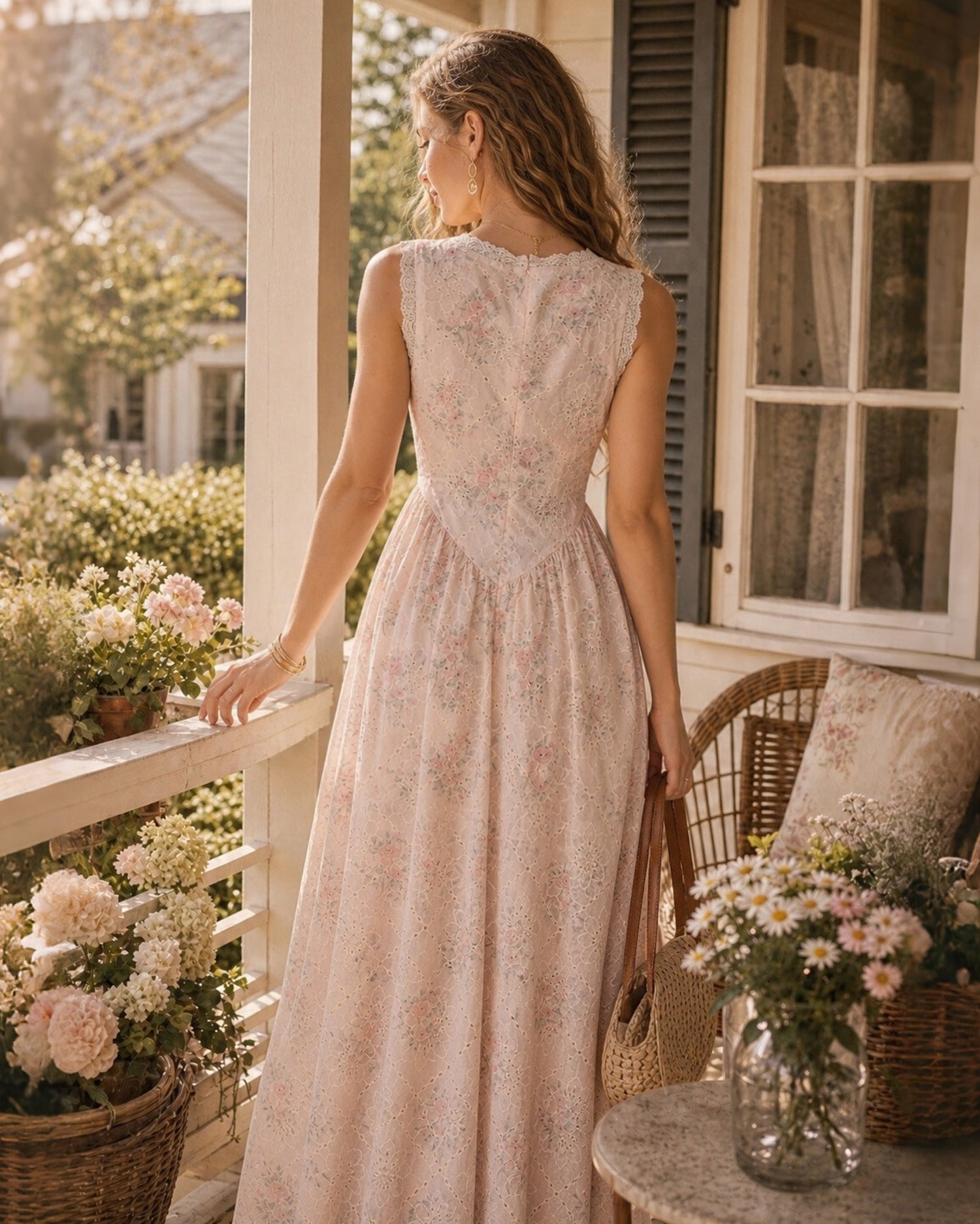 Vestido Maxi Rosa Cuello V Sin Mangas Encaje Floral