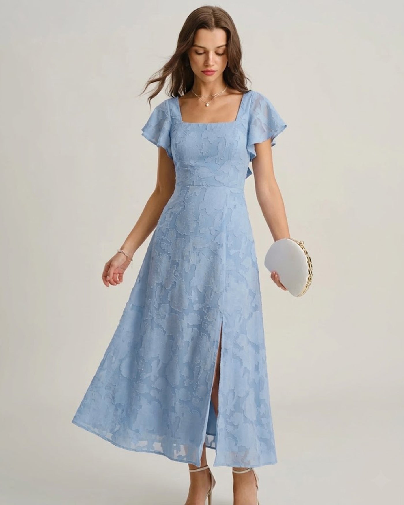 Vestido Midi Azul Floral Cuello Cuadrado