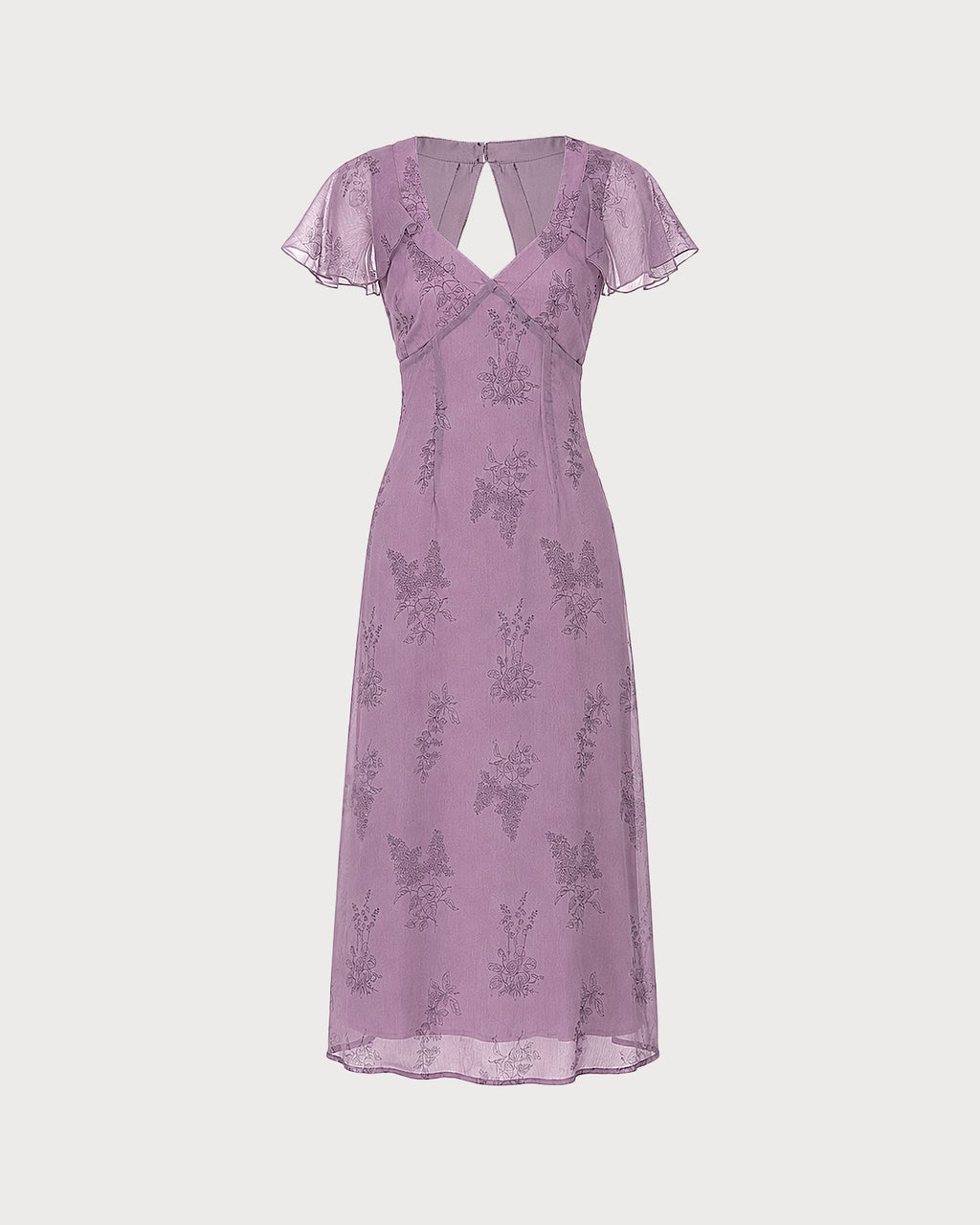 Vestido Midi Morado Cuello V Manga Mariposa Floral