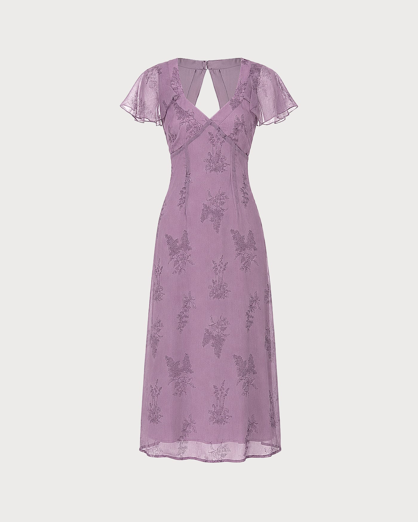 Vestido Midi Morado Cuello V Manga Mariposa Floral