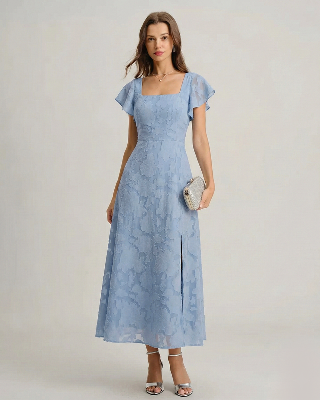 Vestido Midi Azul Floral Cuello Cuadrado