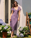 Vestido Midi Morado Cuello V Manga Mariposa Floral
