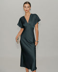 Vestido Midi Gris Verde Satén Manga Drapeada