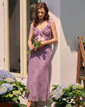 Vestido Midi Morado Floral Volante Tirantes con Lazo