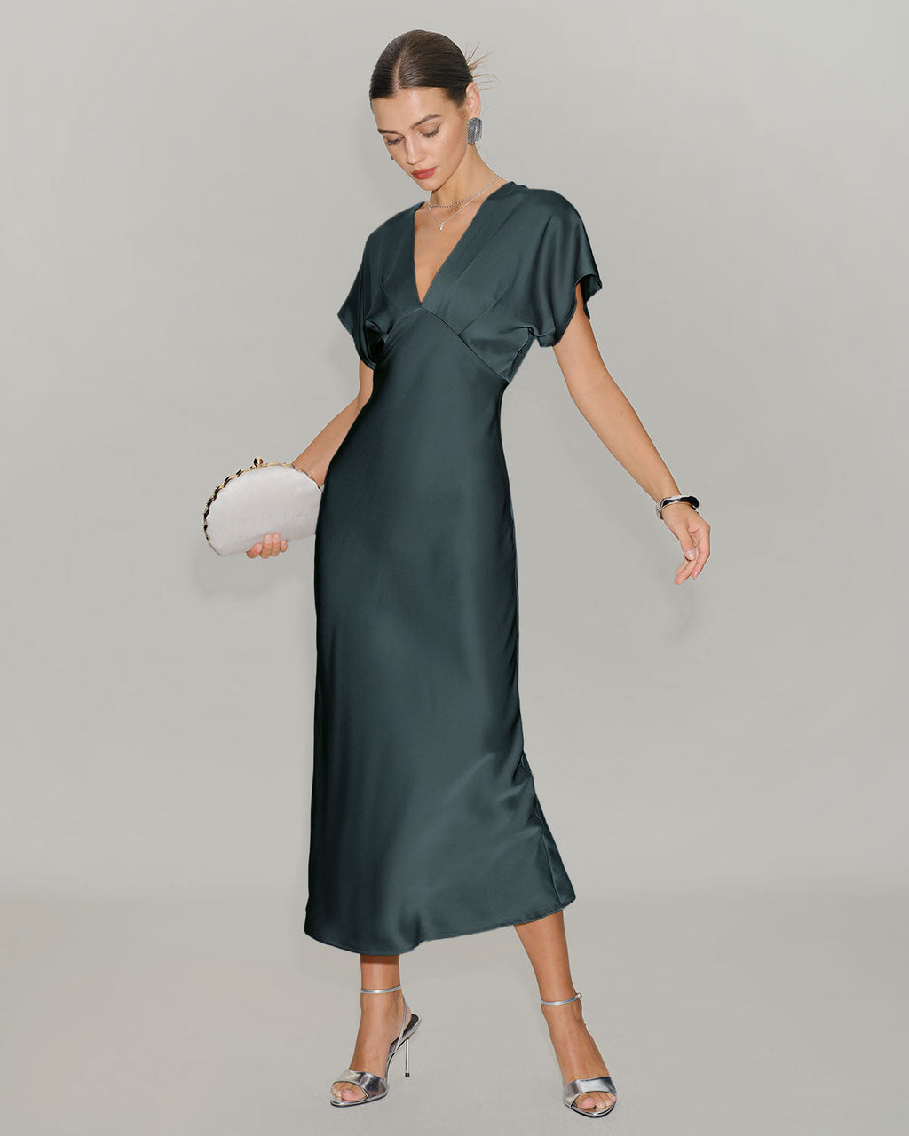 Vestido Midi Gris Verde Satén Manga Drapeada
