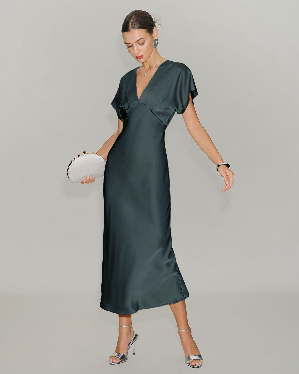 Vestido Midi Gris Verde Satén Manga Drapeada