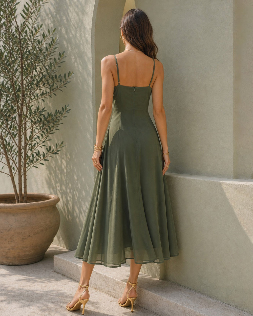 Vestido Midi Verde Cuello Drapeado Lencero Gasa