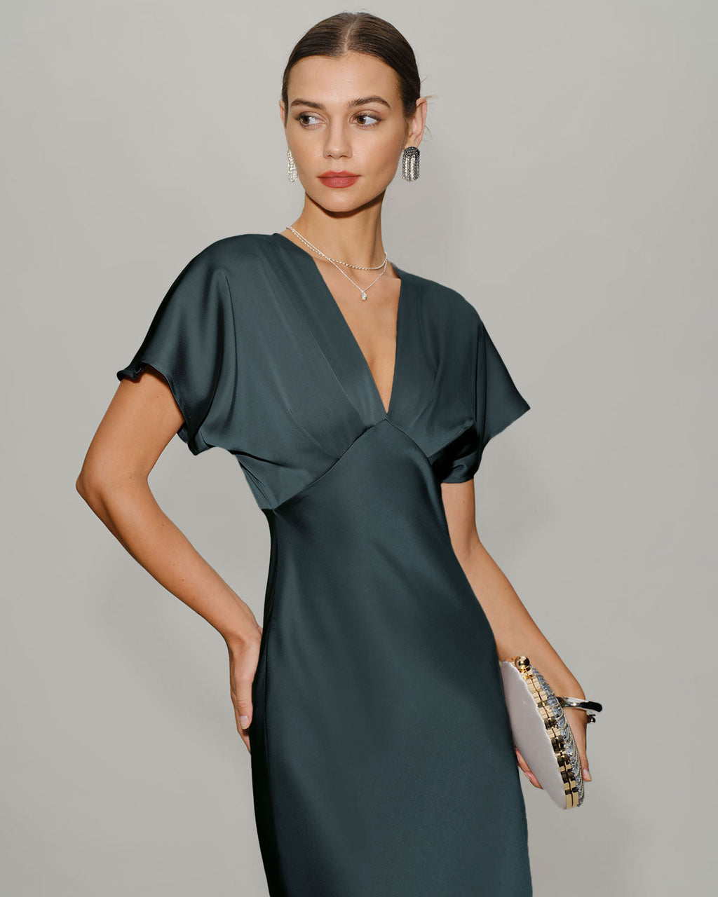Vestido Midi Gris Verde Satén Manga Drapeada