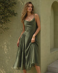 Vestido Midi Verde Cuello Drapeado Lencero Gasa