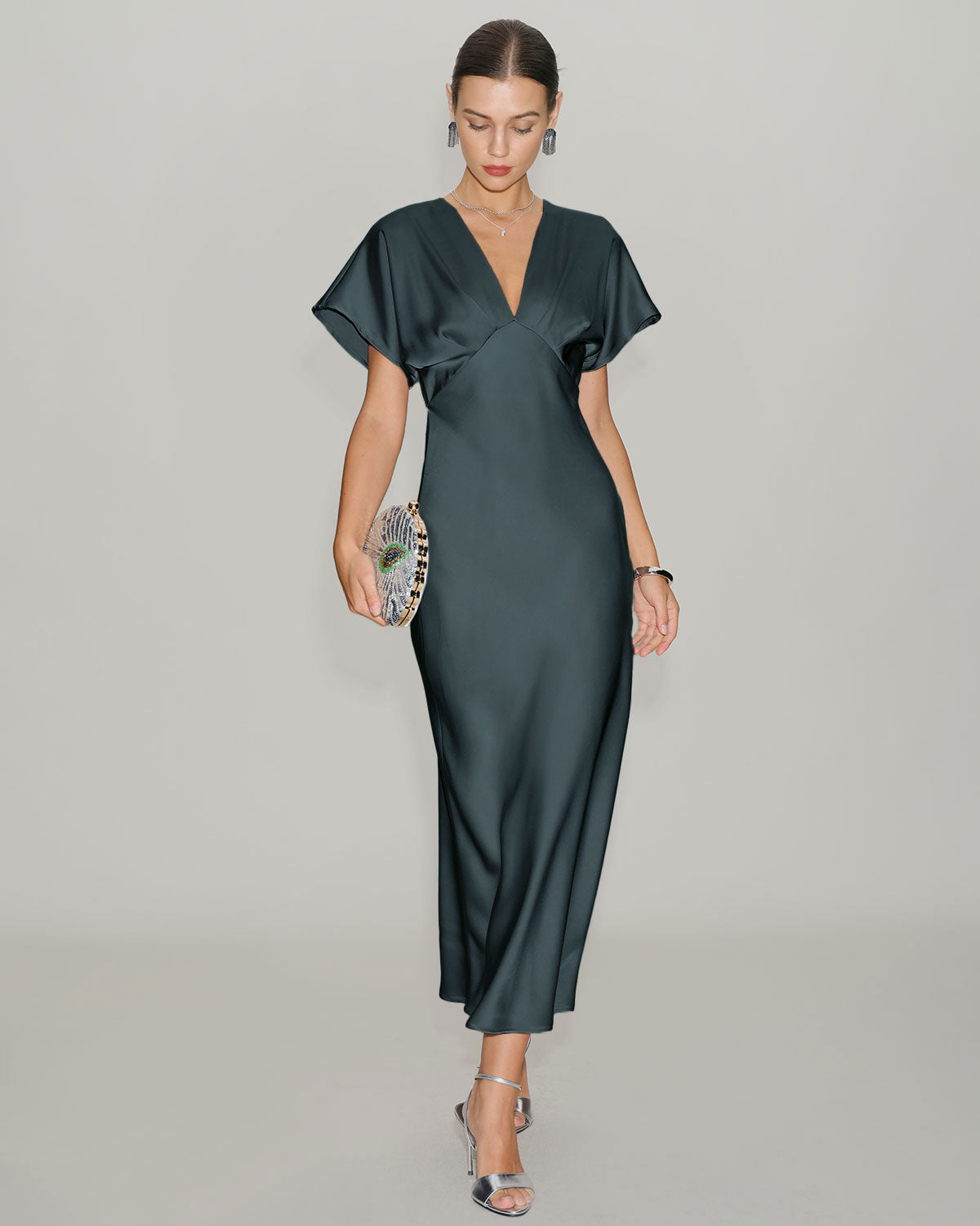 Vestido Midi Gris Verde Satén Manga Drapeada