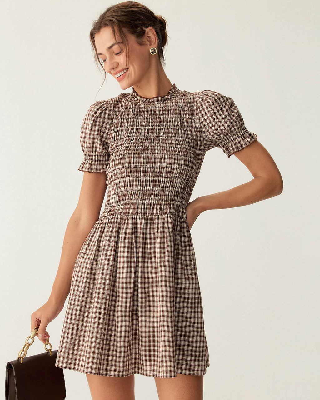 Vestido Mini Café Vichy Manga Abullonada