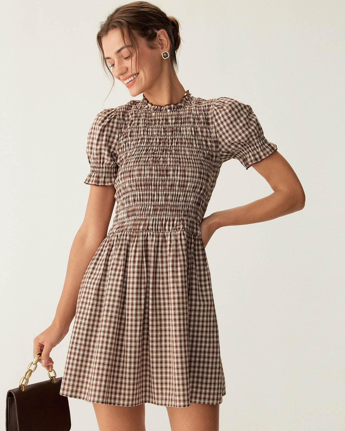 Vestido Mini Café Vichy Manga Abullonada