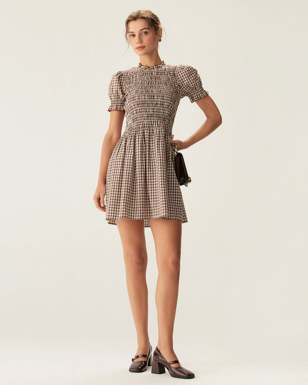 Vestido Mini Café Vichy Manga Abullonada