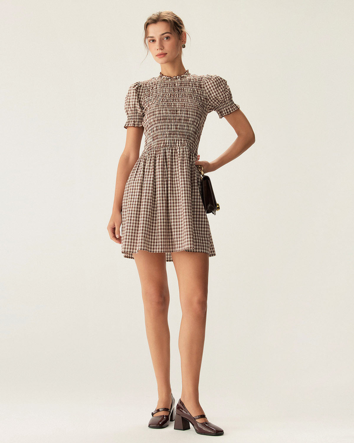 Vestido Mini Café Vichy Manga Abullonada