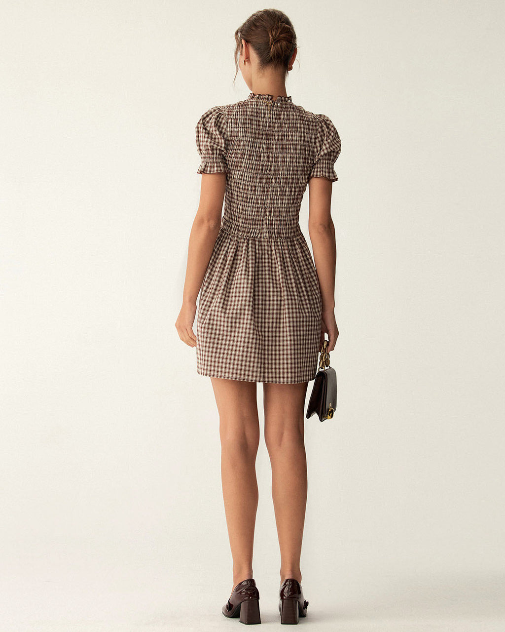 Vestido Mini Café Vichy Manga Abullonada