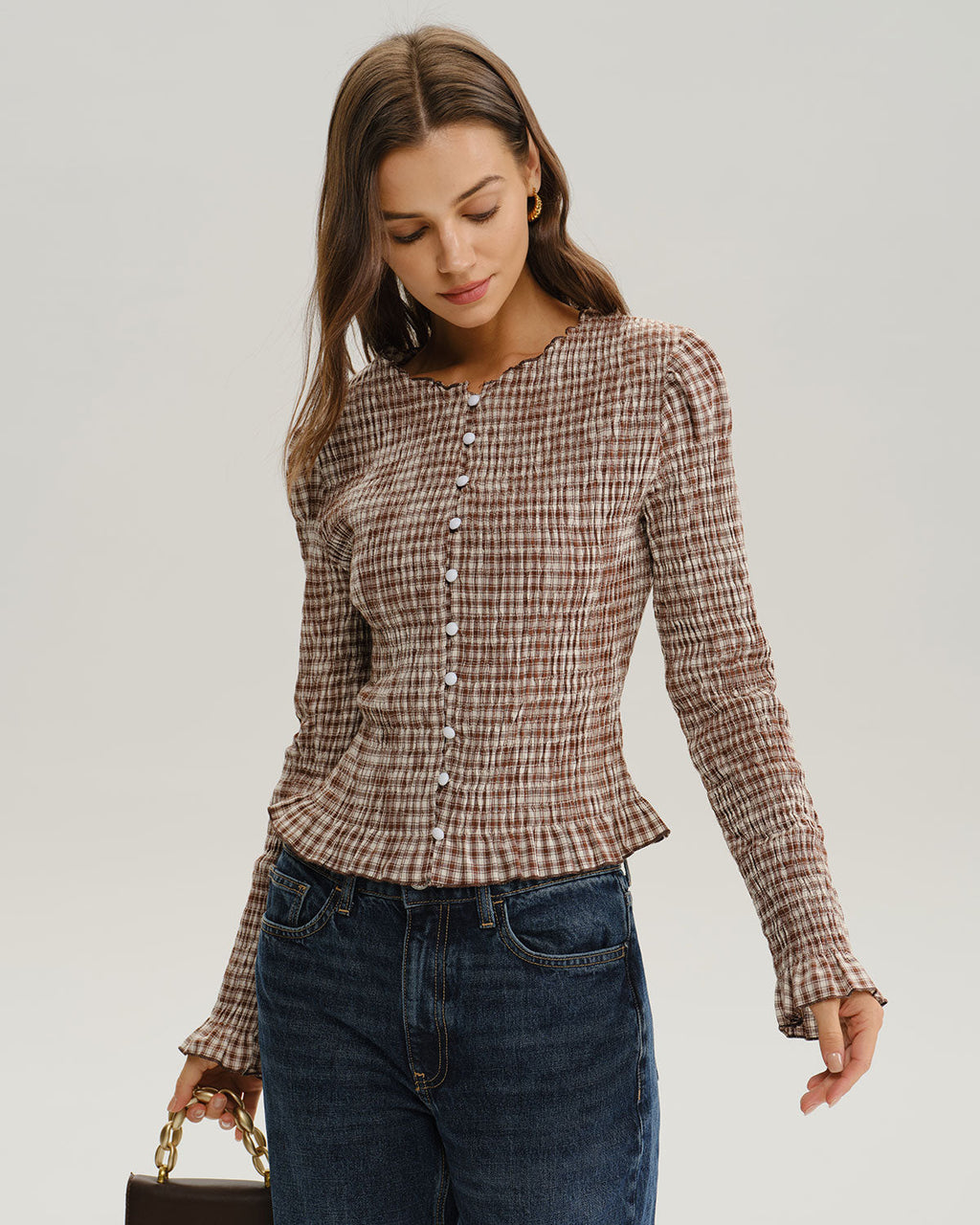 Blusa Marrón Cuadros Fruncido Manga Poeta