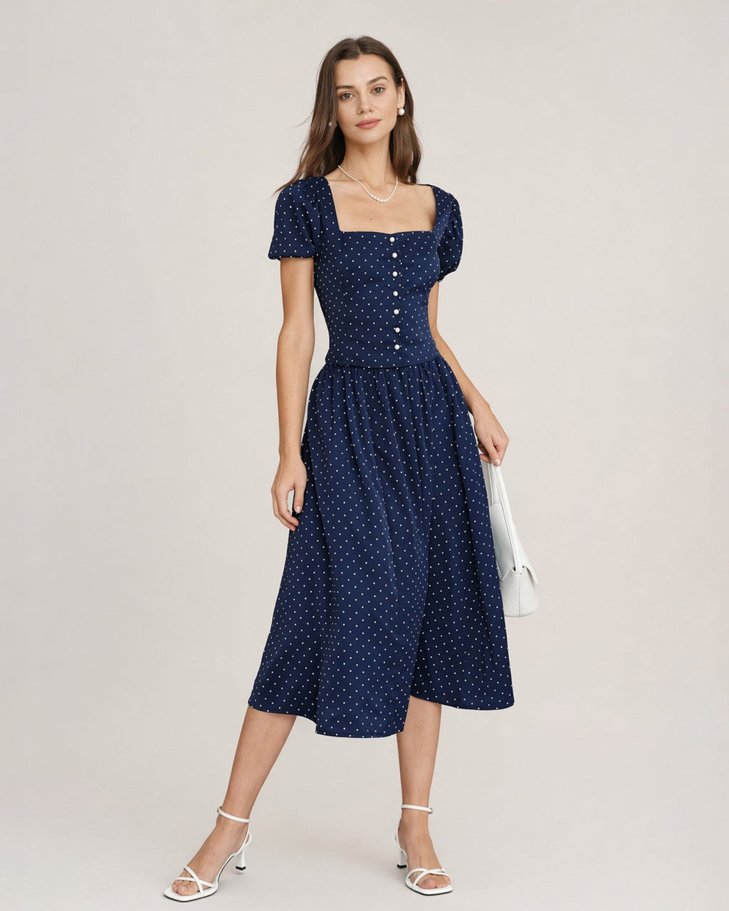 Blusa Azul Cuello Cuadrado Lunares
