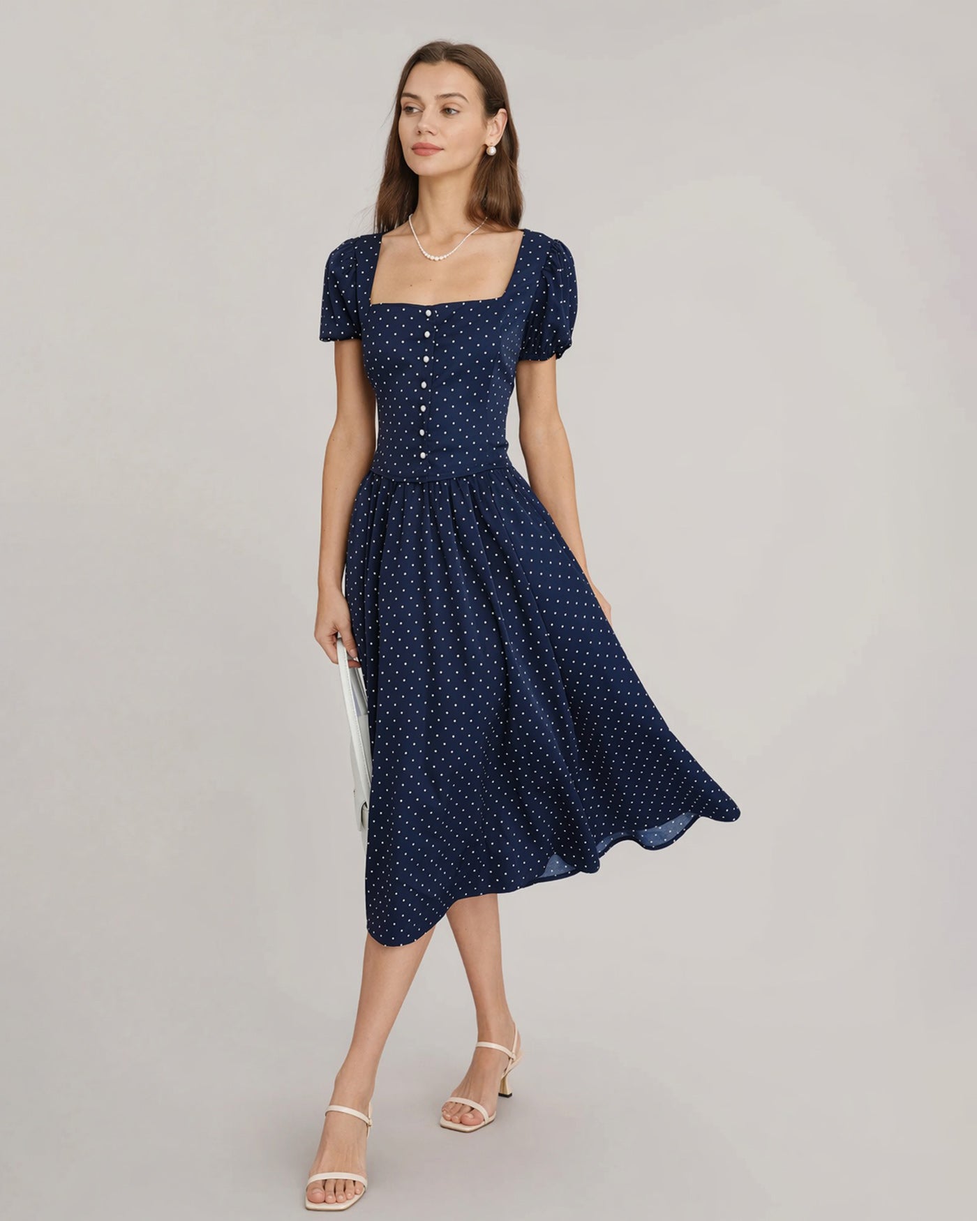Blusa Azul Cuello Cuadrado Lunares