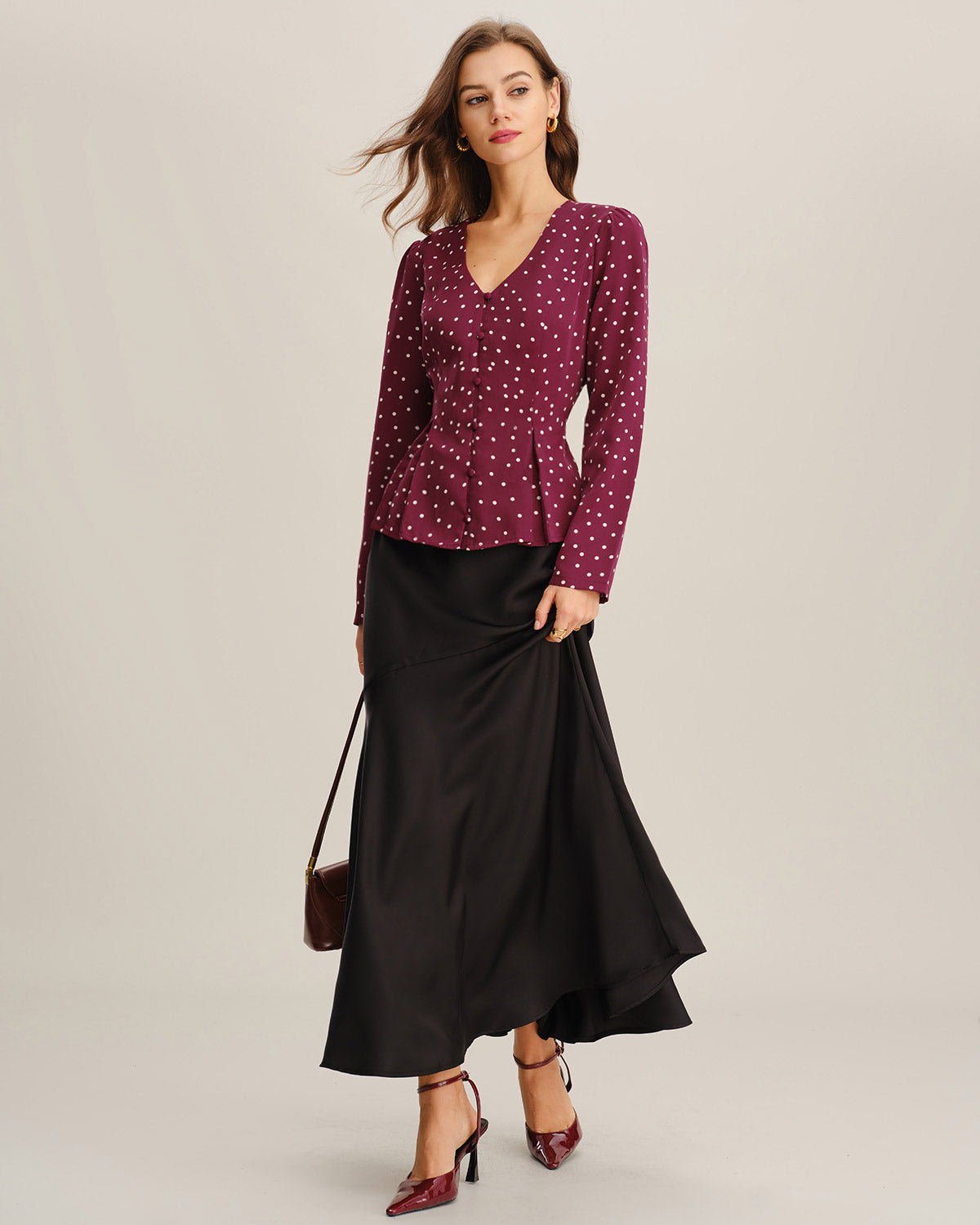 Blusa Rojo Vino Lunares Cuello V