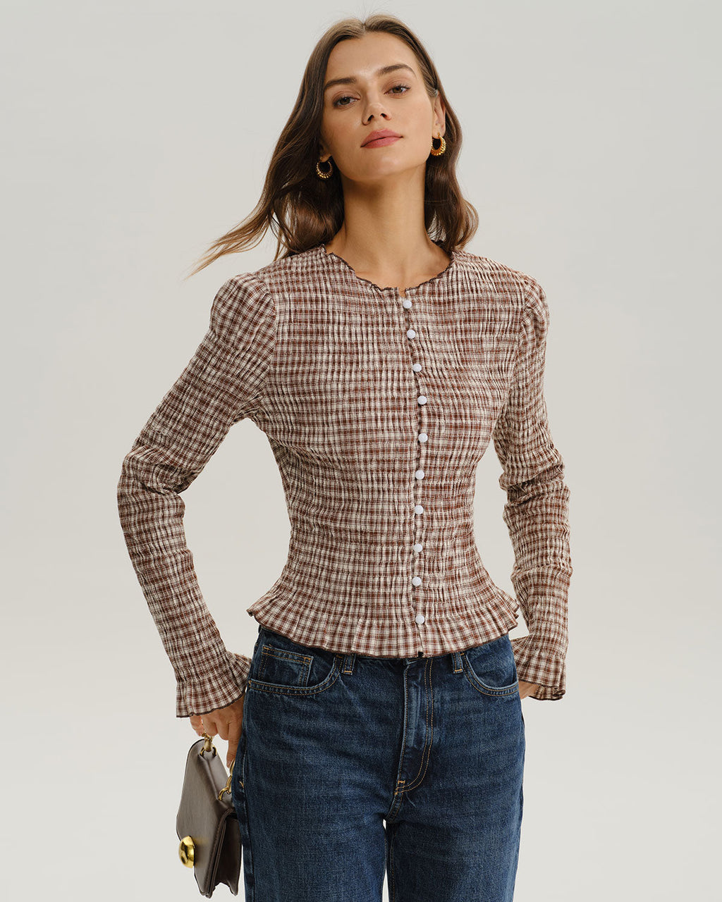 Blusa Marrón Cuadros Fruncido Manga Poeta