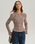 Blusa Marrón Cuadros Fruncido Manga Poeta
