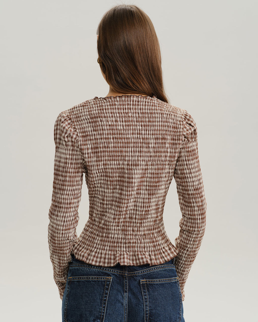 Blusa Marrón Cuadros Fruncido Manga Poeta