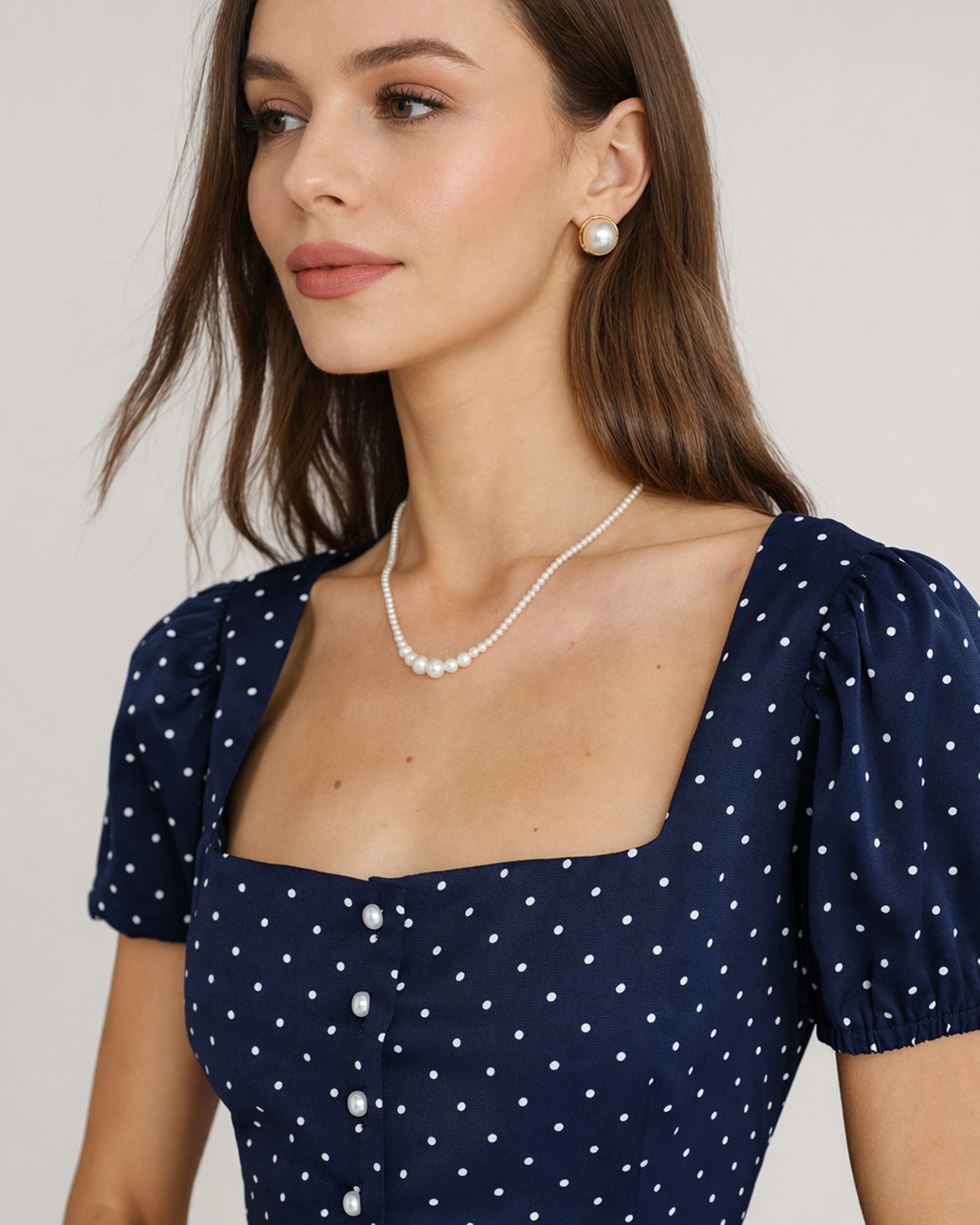 Blusa Azul Cuello Cuadrado Lunares
