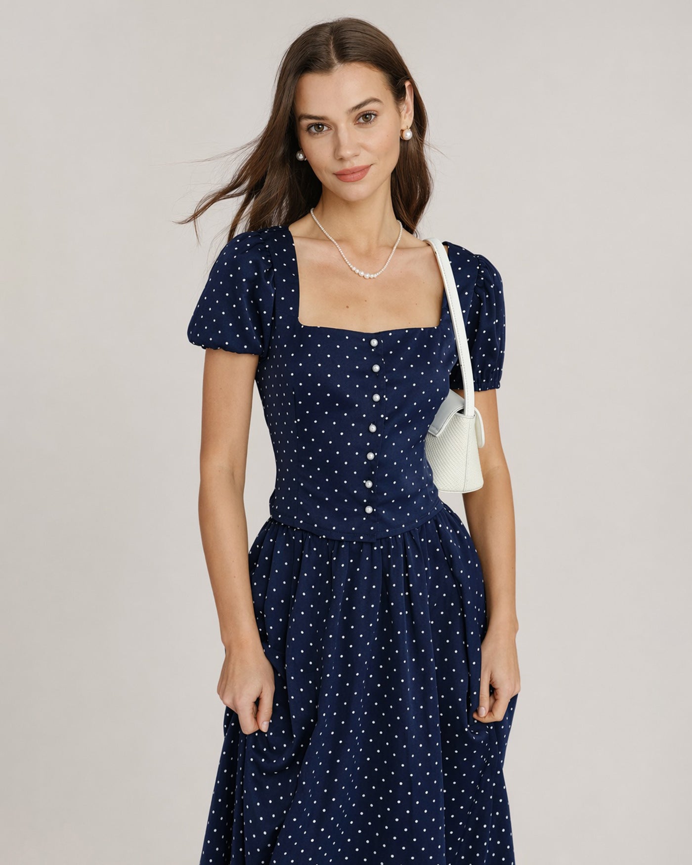 Blusa Azul Cuello Cuadrado Lunares
