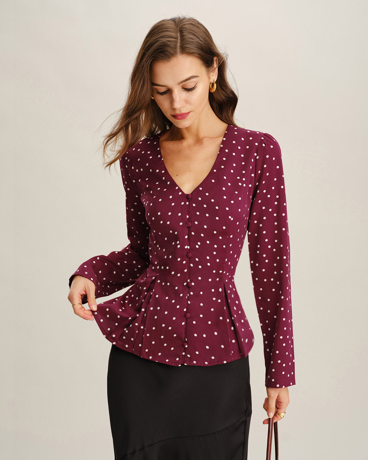 Blusa Rojo Vino Lunares Cuello V